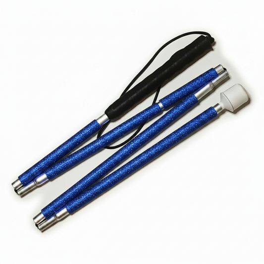 A blind cane designed with blue rhinestones