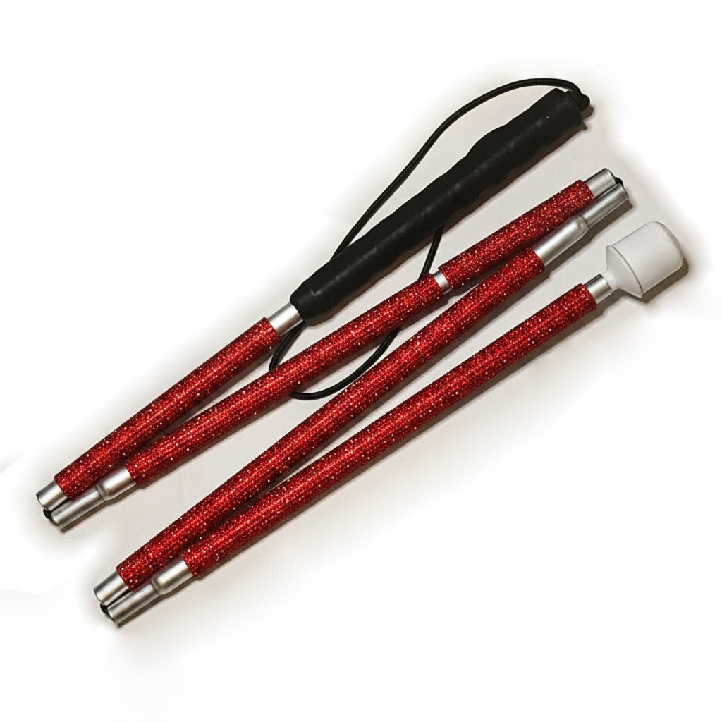 A blind cane designed with red rhinestones