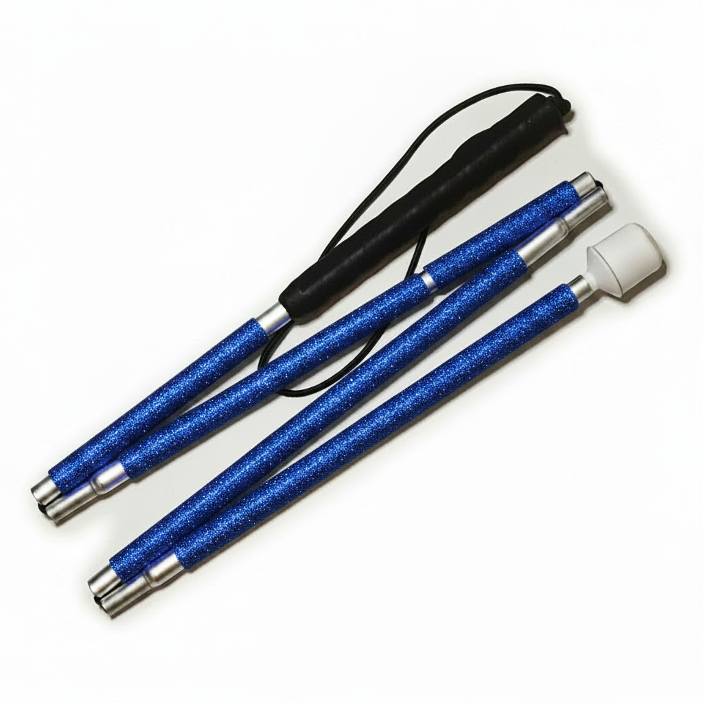A blind cane designed with blue rhinestones