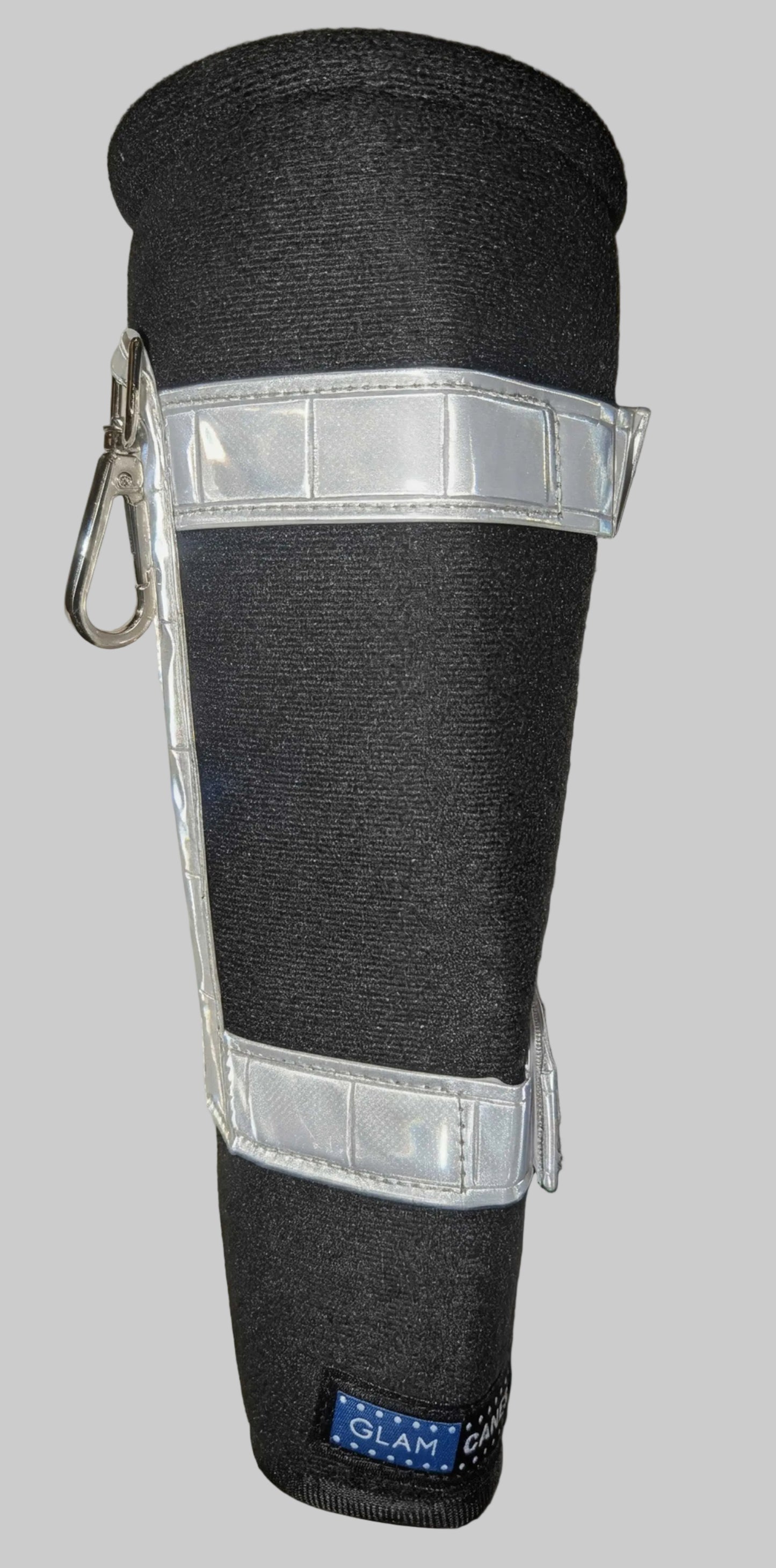 A sturdy holster for your cane with hi-viz reflective lining and a carabiner clip