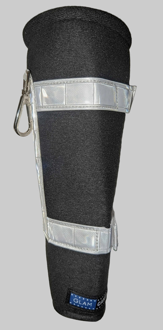 A sturdy holster for your cane with hi-viz reflective lining and a carabiner clip